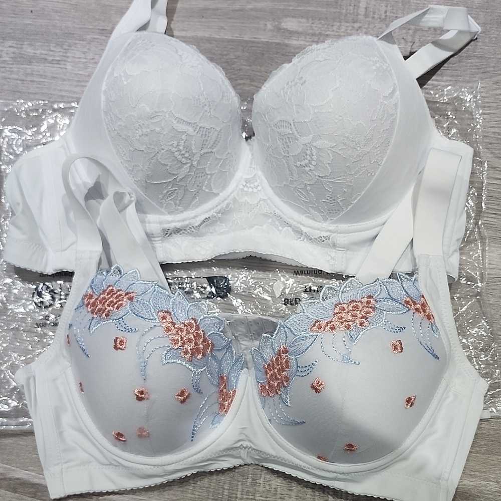 Elegant White and Floral Embroidered Bra Set